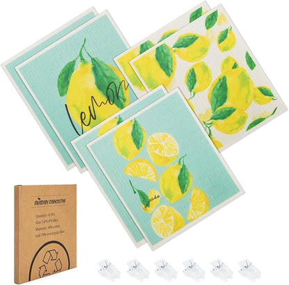 Swedish Dishcloths for Kitchen, 6 Pack Lemon Swedish Dish Towels with Clips, Reusable Paper Towels Washable Non-Scratch Super Absorbent Cellulose Sponge Cloths, Biodegradable No Odor
