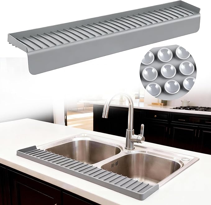 Silicone Sink Edge Protector Splash Guard, 30x4 Inch with Suction Cups & 5°Tilt, Cuttable for Kitchen Bathroom Countertops, Granite Quartz Surfaces (Gray)