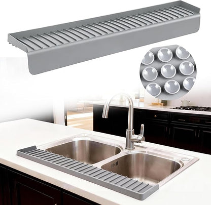 Silicone Sink Edge Protector Splash Guard, 30x4 Inch with Suction Cups & 5°Tilt, Cuttable for Kitchen Bathroom Countertops, Granite Quartz Surfaces (Gray)