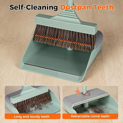 Broom and Dustpan Set with Adjustable Handle, Upright Design, Built-in Comb Teeth, Mint Green, for Home Office Hardwood Floors Pet Hair (Green/Gray)