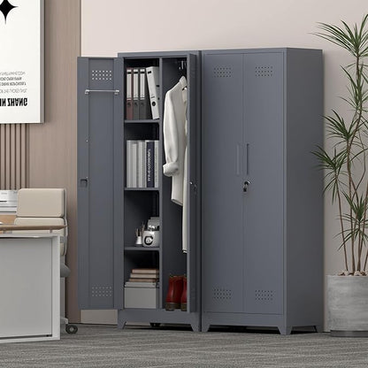 65" H Metal Garage Storage Cabinet,Broom Closet Storage Cabinet with Adjust Shelves,Utility Cabinet,Utility Closet for Garage,Gray