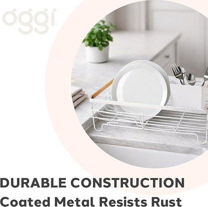 Oggi Large Dish Drying Rack - White & Bamboo Dish Drying Rack, Drying Rack Kitchen, Dish Rack, Dish Racks for Kitchen Counter, Durable Coated Metal Kitchen Drying Rack with Cutlery Holder