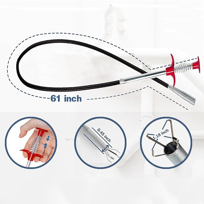 61" Drain Snake, Flexible Grabber Claw for Sink Shower Bathtub, Tight Space Drain Hair Removal Tool