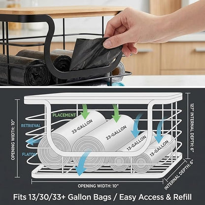 REFGY 2-Pack Stackable Trash Bag Holder with Natural Fiber Top, 10-Inch Wide Opening Garbage Bag Dispenser for 13 to 33 Gallon Rolls, 11" x 7.1" x 5.9" Under Sink Organizer for Kitchen & Laundry