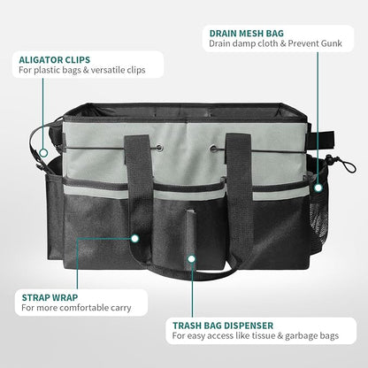 Cleaning Bags for Housekeepers, Large Cleaning Supplies Organizer with Handles & Shoulder Strap, Cleaning Caddy Bag with Foldable Divider for Cleaners, Car Horse Cleaning Bag(Grey)