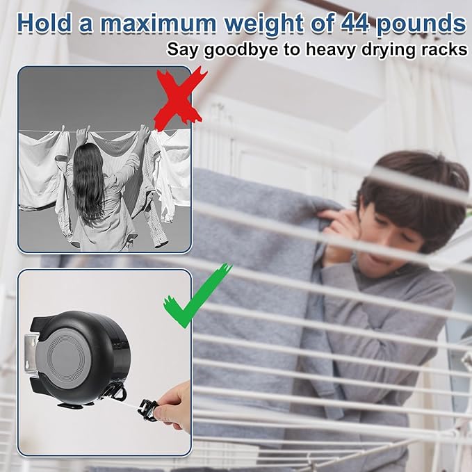 uxcell Retractable Double Clothesline Outdoor Indoor, 49Ft Heavy Duty PVC Clothes Line Retracting Laundry Line with 24 Pcs Clothespins for Wet Dry Clothing, Black