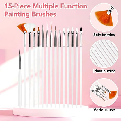 MUIIGOOD White Nail Art Brush 22 Pcs Set, 2 Head Acrylic Silicone Engraving Dotting Pen Tools Dust Brush, Striping Liner Drawing Pens, Resin Palette, for Nail Art DIY Home Salon Makeup Display Board