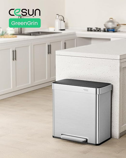 Cesun GreenGrin Kitchen Trash Can, 2x8 Gallon Dual Compartment Trash and Recycle Bin Combo, Double Stainless Steel Step Garbage Can with Lid,Recycling Push Flap,Removable Inner Buckets,30L+30L(Sliver)