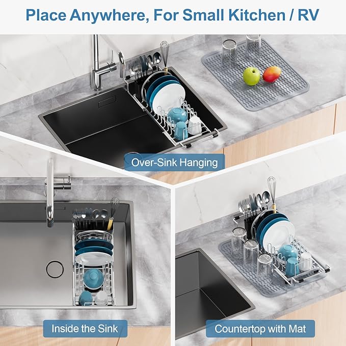 GSlife Small Sink Dish Drying Rack - Stainless Steel in Sink Dish Rack for RV Camper, Expandable Kitchen Counter Drainer with Utensil Holder, 13.2''-19.1" L x 6.5" W x 4.3" H, Silver