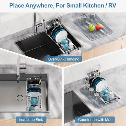 GSlife Small Sink Dish Drying Rack - Stainless Steel in Sink Dish Rack for RV Camper, Expandable Kitchen Counter Drainer with Utensil Holder, 13.2''-19.1" L x 6.5" W x 4.3" H, Silver