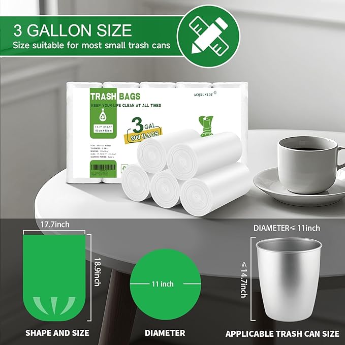 Small Bathroom Trash Bags 3 Gallon - White Mini Garbage Bags 200 Count Unscented Biodegradable Tiny Waste Basket Liners 12 Liter Kitchen Office Car Strong Thick Bulk Acqkunlo