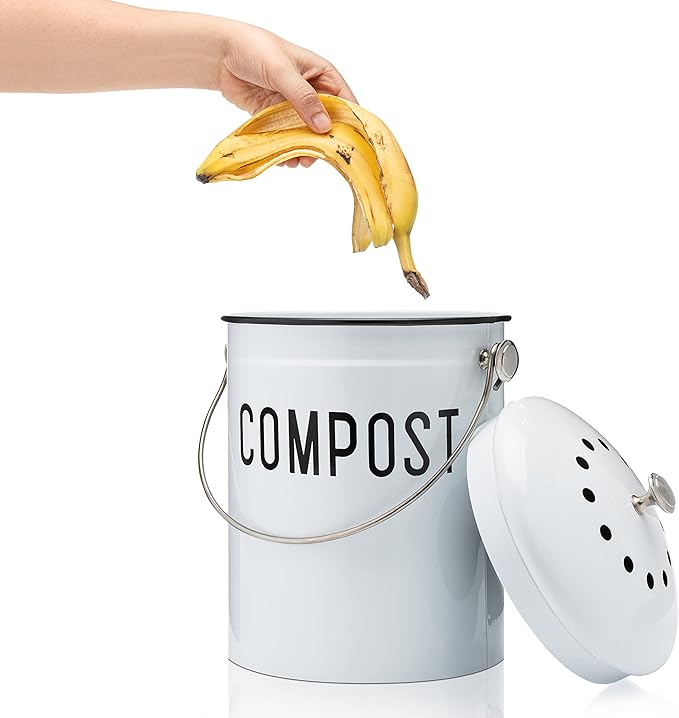 JRW Design White Kitchen Compost Bin Plus 2 Non-Smell Filters, 1.3 Gallon Farmhouse Bin for Countertop, Durable Bin Kitchen with Handle, Easy to Clean, Rust Proof Composting Bin, Compost Bucket