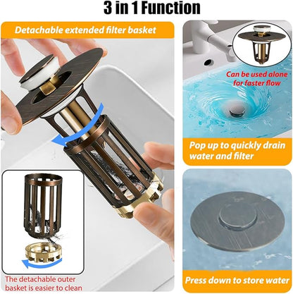 Anlige 3 in 1 Pop Up Bathroom Sink Stopper, Bathroom Sink Drain Strainer, with Removable Basket Hair Catcher, Universal Sink Plug Cover for 1.06 in to 1.6 in Drain, Oil Rubbed Bronze