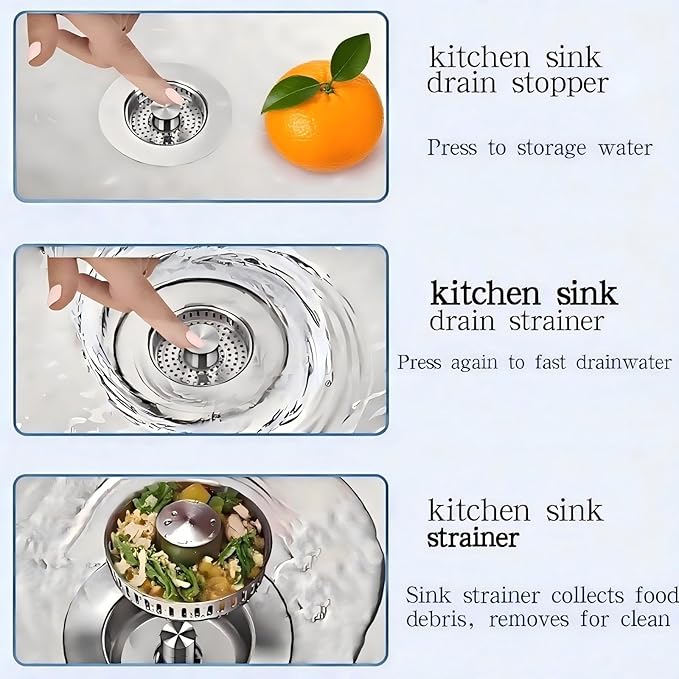 3-in-1 Kitchen Sink Drain Strainer Stopper, 304 Stainless Steel Pop Up Drain Plug, Anti-Clog Odor Prevention Sink Basket, Tool-Free Easy Install, Fits US Standard 3-1/2" Drain Hole, 1 Pack