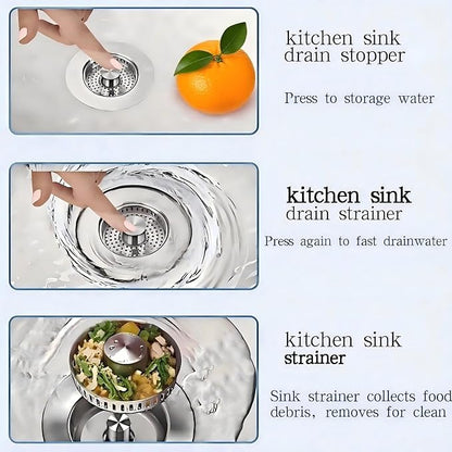 3-in-1 Kitchen Sink Drain Strainer Stopper, 304 Stainless Steel Pop Up Drain Plug, Anti-Clog Odor Prevention Sink Basket, Tool-Free Easy Install, Fits US Standard 3-1/2" Drain Hole, 1 Pack