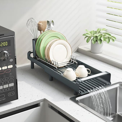 TOOLF Small Dish Drying Rack, Mini Expandable Compact Dish Rack, Slim Extendable Stainless Steel Dish Drainer for Kitchen Countertop, Space Saving Dish Strainer, Dark Slate Gray