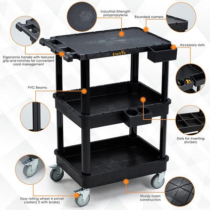 ELAFROS 3-Tier Utility Cart with Flat Top and Deep Shelves, 27.5 x 18.25, Compact Rolling Cart with 4" Wheels, Heavy-Duty Plastic, 330 lbs Capacity for Office, Workshop, Warehouse