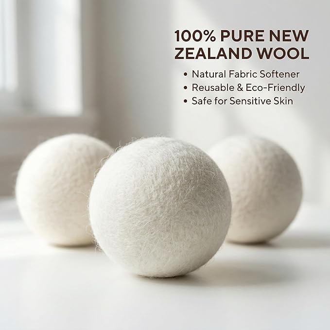 Woolly's Wool Dryer Balls – 100% Pure New Zealand Wool, Reusable Natural Fabric Softener, Reduces Drying Time & Clothes Wrinkles, Chemical-Free Dryer Balls (Pack of 6)