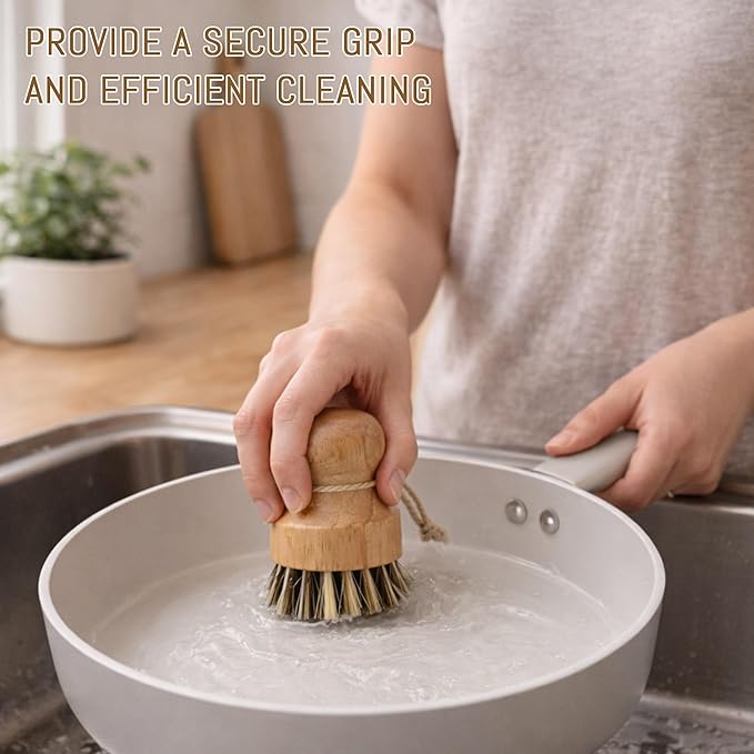 12 Pcs Bamboo Dish Brush Set, Palm Wooden and Sisal Bristles Dish Scrubber, Dish Brushes with Lanyard, Durable Wood Dishes Scrub, Natural Round Vegetable Cleaning Pots Pans Sink Washing Kitchen Brush