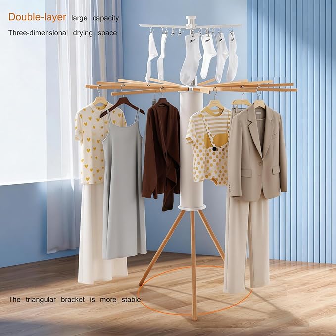 Clothes Drying Rack Tripod, Floor Standing Laundry Drying Rack, Portable & Foldable with 16 Wooden Poles Space-Saving Drying Rack for Laundry, Retractable Collapsible for Balcony Bedroom
