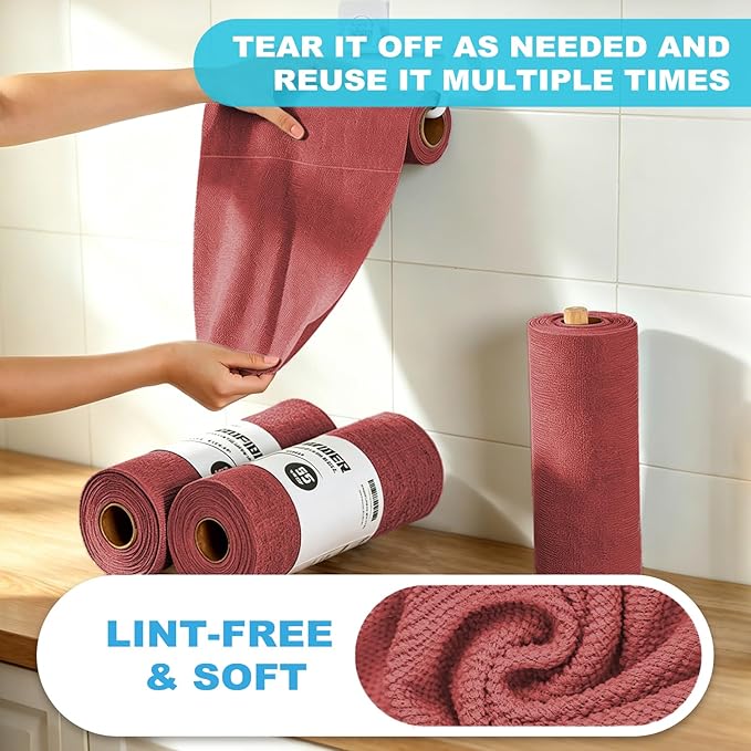 Puomue 55 Pack Microfiber Cleaning Cloth Roll, Tear Away Reusable Towels, 11" X 9", Ultra Absorbent & Lint Free Microfiber Cloth for Cleaning, Kitchen, Window, and Shop (Burgundy Red, 9”X11”-55PK)