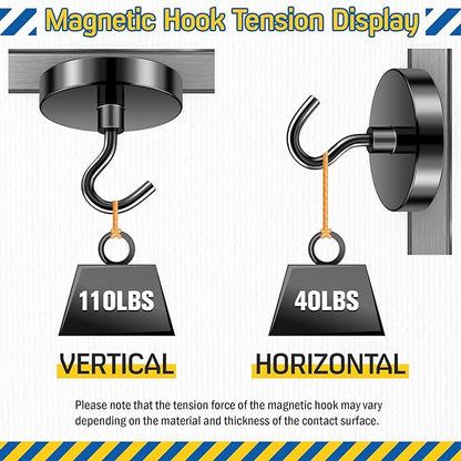FINDMAG Black Magnetic Hooks, 110lbs Heavy Duty Magnetic Hooks for Hanging, Extra Strong Magnet Hooks, N52 Magnet Hooks for Cruise Cabins, Travel, 6 Pack