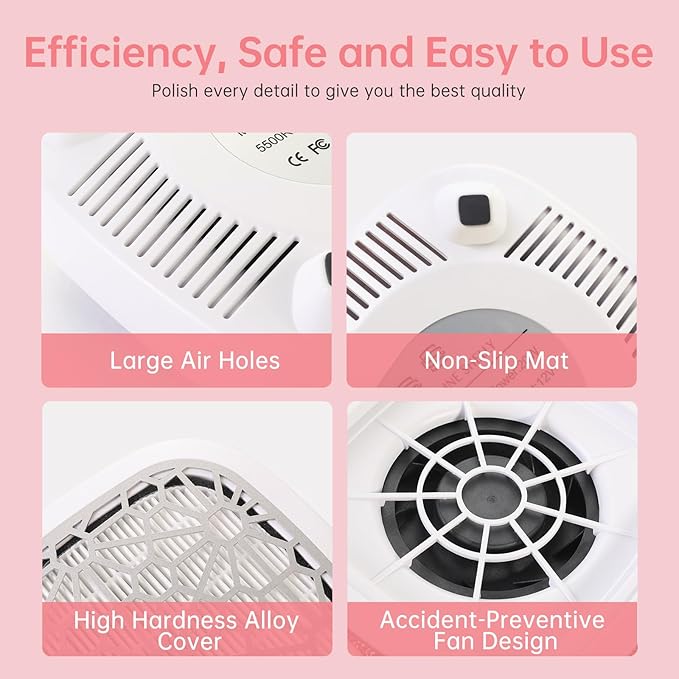 Nail Dust Collector, Cordless Dust Collector Nail Tech, Compact Powerful 6000RPM Nail Vacuum Fan Rechargeable Dust Extractor for Acrylic Gel Polish Manicure Pedicure for Home