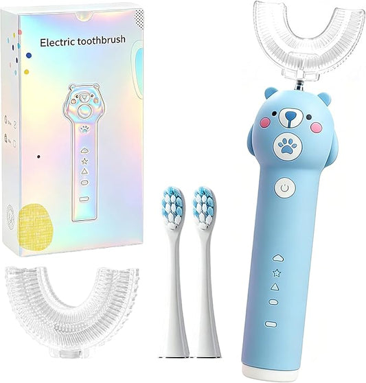 Kids Electric Toothbrush, with 4 Cleaning Modes, with 4 Brush Heads, Toddler U Shaped Toothbrush with 2 Soft Brush Head，Cartoon Bear 360-Degree Cleaning IPX7 Waterproof Design (Ages 2-16)