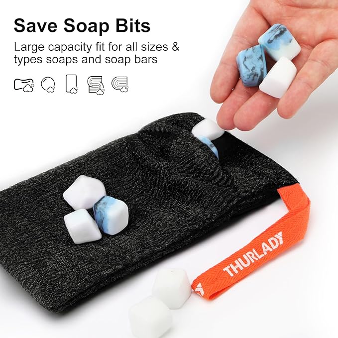 2 Pack Soap Saver Bags for Soap Bars, Exfoliating Bar Soap Scrubber Pouch for Shower, Exfoliating Body Scrubber, Come with 1 African Net Sponge for Full-Body Gentle Cleansing, Black & Purple