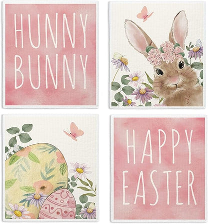 Pink Bunny Eggs Swedish Dishcloths for Kitchen, Happy Bunny Dish Cloths for Easter Gifts, Papaya Cute Funny Washable Swedish Cleaning Sponge Cloths, 4 Pack Dish Towels for Kitchen