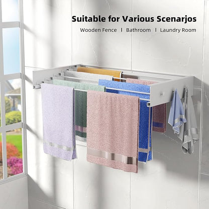 ZMBESUP Upgrade Wall Mounted Drying Rack with 6 Hooks, 31.5" Foldable Laundry Rack, 5 Rods & Hooks Space Saver for Bathroom, Collapsible Clothing Rack with Template for Indoor Outdoor (White)