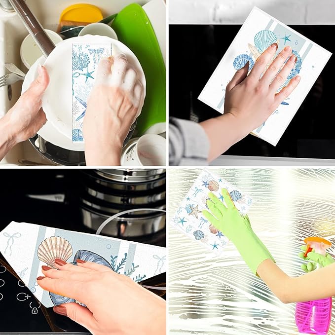 Beach Swedish Dishcloths for Kitchen, 4PCS Coastal Shell Coral Starfish Swedish Dish Cloths Gift Set, Ocean Summer Reusable Washable Absorbent Dish Towel for Home Cleaning