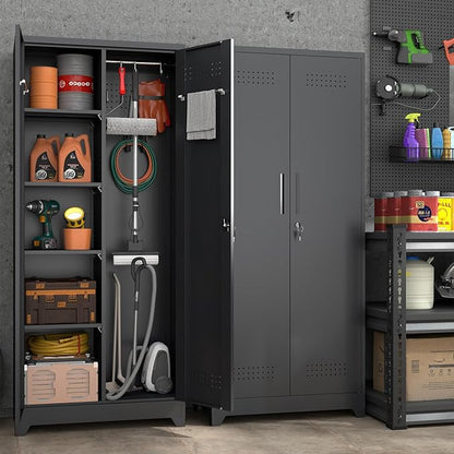 73" H Garage Storage Cabinet,Broom Closet Storage Cabinet with Adjust Shelves,Utility Cabinet,Utility Closet for Garage,Office,Black