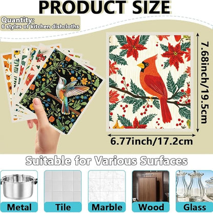 6Pcs 6 Styles Bird Swedish Dishcloths for Kitchen 7.7 x 6.8 Inch Reusable Quick Drying Sponge Bird Dish Cloths Bulk Biodegradable Absorbent Towels for Home Countertop Tableware Cleaning Use