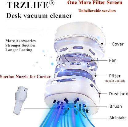 TRZLIFE Mini Desk Vacuum, 2 AA Battery Powered Must-Have Office Accessory for Crumbs and Tiny Debris from Desktop, Countertop, Ideal Gift, White