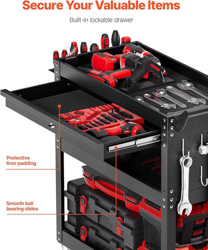 VEVOR 4-Tier Tool Cart with Wheels, 350 lbs Load Capacity, Rolling Work Cart with Drawer & Pegboard, Mechanic Tool Storage Organizer with Locking System for Garage, Warehouse and Repair Shop, Black