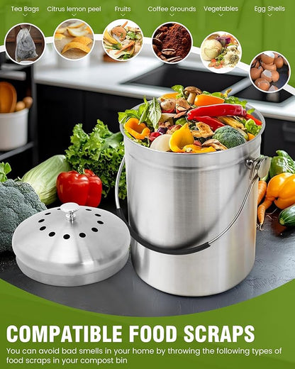 Countertop Compost Bin Kitchen with Lid and 2 Charcoal Filter for Odorless Composting | Stainless Steel Kitchen Composter with Soft-Grip Handle (Silver, 1.3 Gallon)