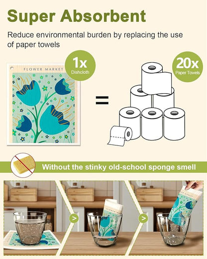 Miss Adola Swedish Dishcloths for Kitchen - 5 Pack Reusable Dish Cloths for Washing Dishes Absorbent Cute Funny Kitchen Towels Cleaning Sponge, Cartoon Flower