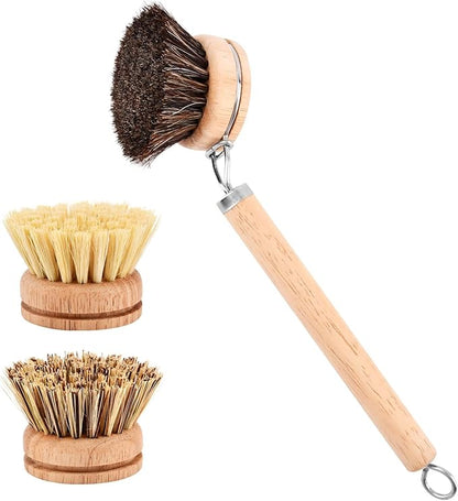 Bamboo Dish Brush Set, 1 Wooden Handle with 3 Natural Bristle Heads All Purpose Kitchen Scrub Brush with Sisal and Palm Horsehair for Cleaning Dishes Pans Vegetables(Color:Wood)
