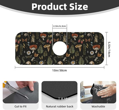 Vintage Magic Witch Mushroom Fern Witchcraft Kitchen Sink Splash Guard Faucet Mat Super Absorbent Fast Drying Mat Sink Gadgets-Fast Drying Pad Sink Mat For Kitchen Bathroom (15" X 5.5" )