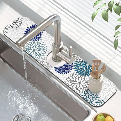 Findosom 2PCS 16" x 24" Dish Drying Mat & 24" x 5.5" Sink Splash Guard, Super Absorbent & Cuttable Dish Mat Drying Kitchen Mat with Blue Floral, Hide Stain Drying Mat for Kitchen Counter
