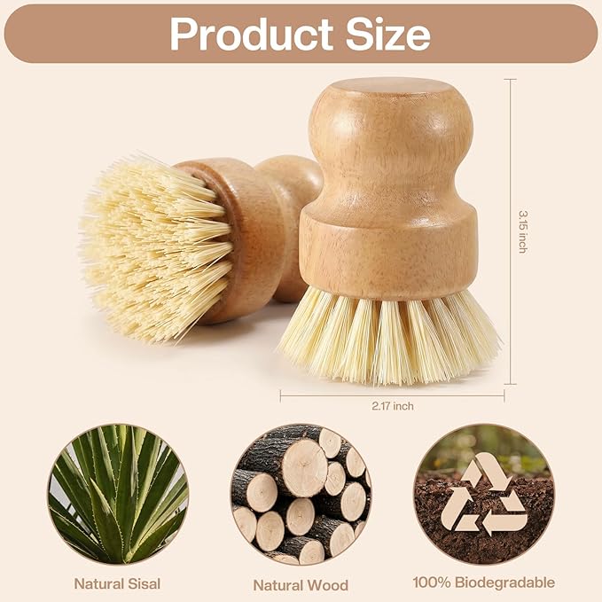 Wooden Dish Brush with Metal Stand Handheld Bamboo Wok Brush Scrubber for Dishes Pans Pots Fruit and Veggie Washing(1,Beige)