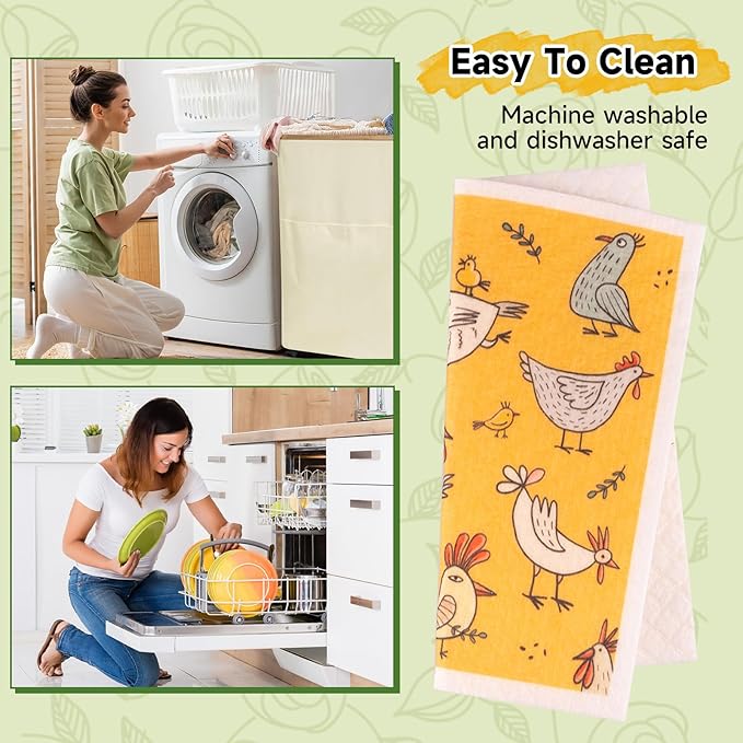 Polly Online Swedish Dishcloths for Kitchen,6 Pack Cloth Paper Towels Reusable Washable,Super Absorbent Dish Towels,No Odor,Biodegradable,Chicks Design