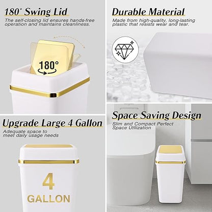 Bathroom Trash Can with Lid 4 Gallon Trash Can Small Garbage Can White Trash Can with 300 Counts Trash Bags for Kitchen Bedroom Office Dorm