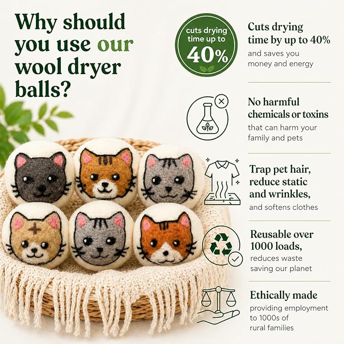 Wool Dryer Balls & Essential Oils for Laundry Bundle – 6 XL Cat Reusable Dryer Balls with 6 Pack Essential Oils for Dryer Balls, Diffusers & Natural Fabric Softening