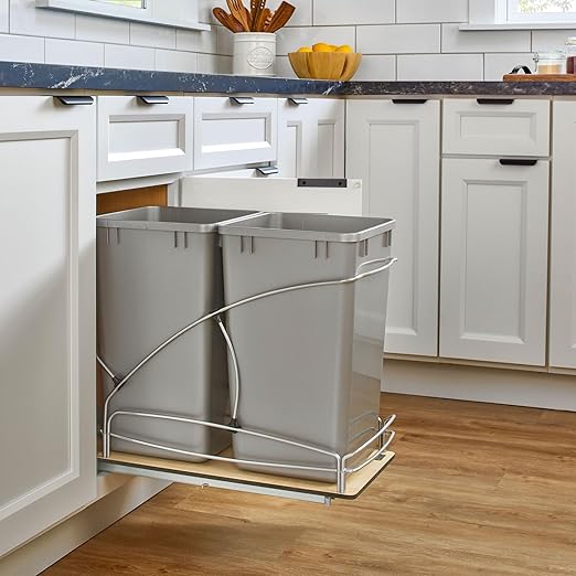 Rev-A-Shelf 27 Qt / 6.75 Gal Steel Bottom Mount Double Pullout Waste Container w/Soft-Close for Base Kitchen Cabinets, Min Opening Width of 11.5", Gray, 54WC-1527SC-17-1