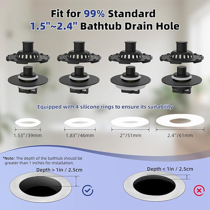 Metal 2 Pack Bathtub Drain Stopper with Top Hair Catcher, 3 in 1 Pop-up Bathtub Strainer, Tub Stopper with Detachable Stainless Steel Filter Basket for Standard 1.5 to 2.4'' Drain, Matte Black