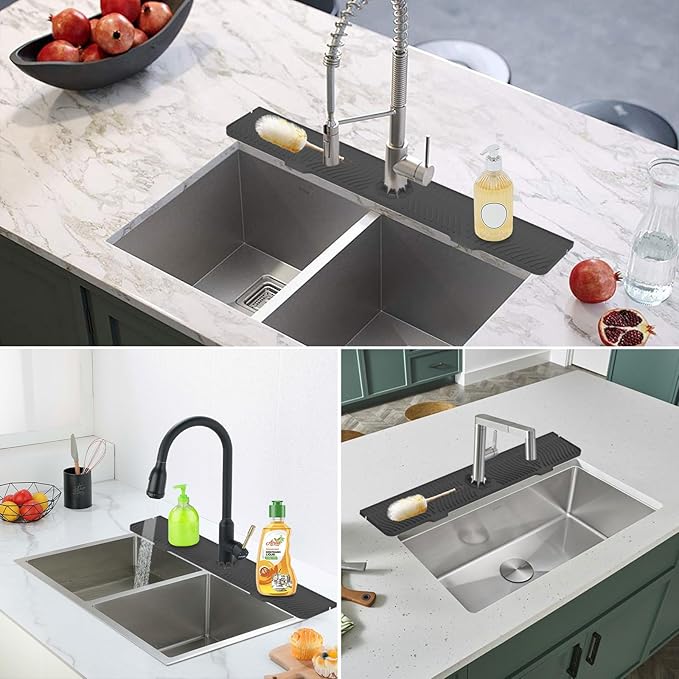 33 inch Sink Splash Guard Mat, Sink Faucet Drying Mat, Silicone Faucet Handle Drip Catcher Tray, Longer Silicone Sink Mat for KitchenBathroom, Drip Protector Splash Countertop (Black)