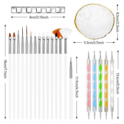MUIIGOOD White Nail Art Brush 22 Pcs Set, 2 Head Acrylic Silicone Engraving Dotting Pen Tools Dust Brush, Striping Liner Drawing Pens, Resin Palette, for Nail Art DIY Home Salon Makeup Display Board