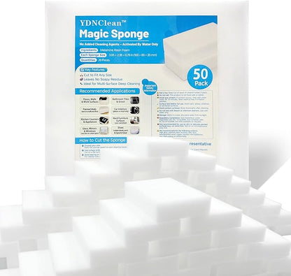 Magic Eraser Sponge, Water-Activated Cleaning Pads Sponge Mop, Bulk Pack Multi-Purpose Melamine Foam Cleaner for Kitchen, Bathroom, Walls, Shoes & Car, Non-Scratch & Reusable (50)